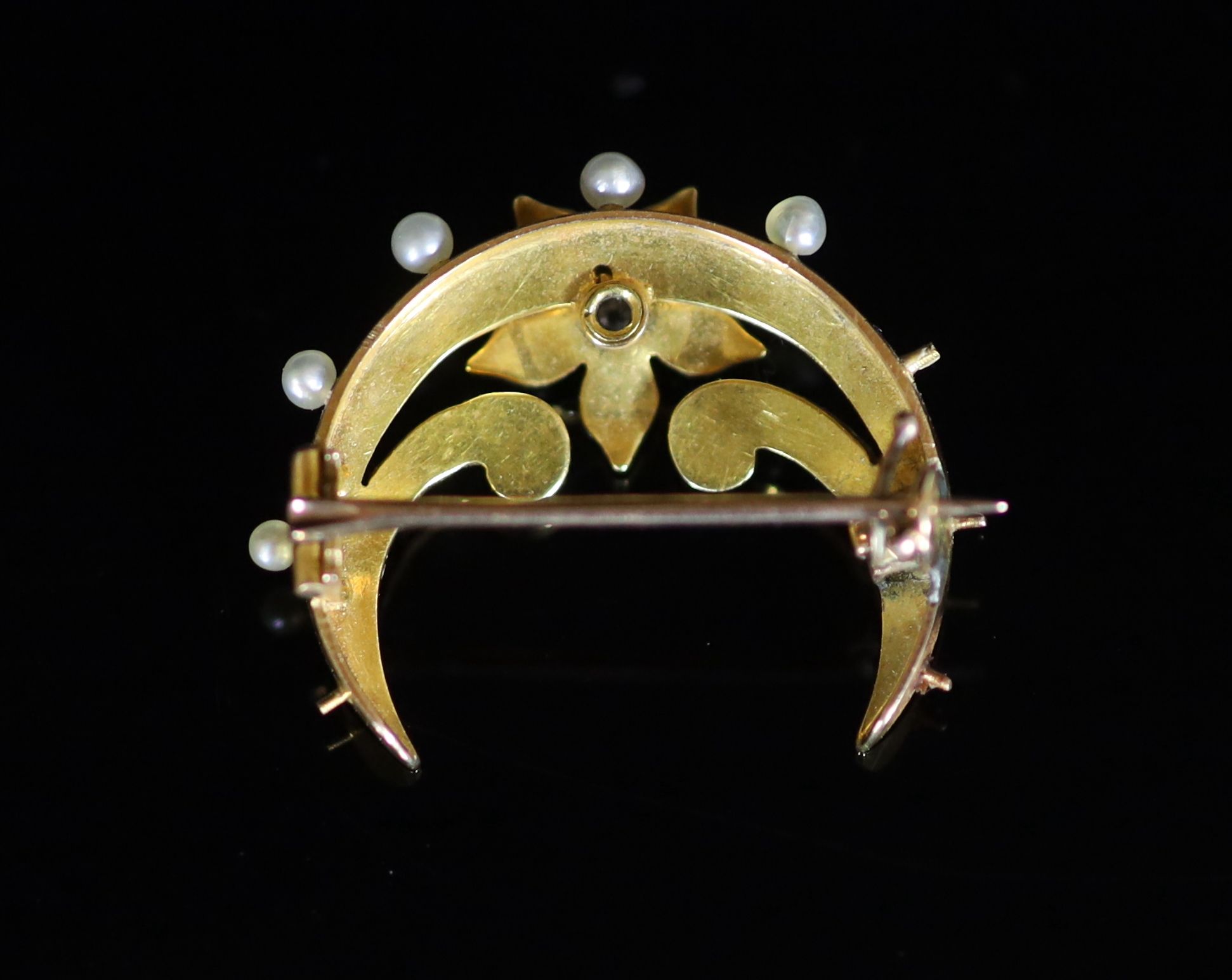 A Victorian gold, pearl and diamond set necklace, lacking drop, together with a similar crescent brooch